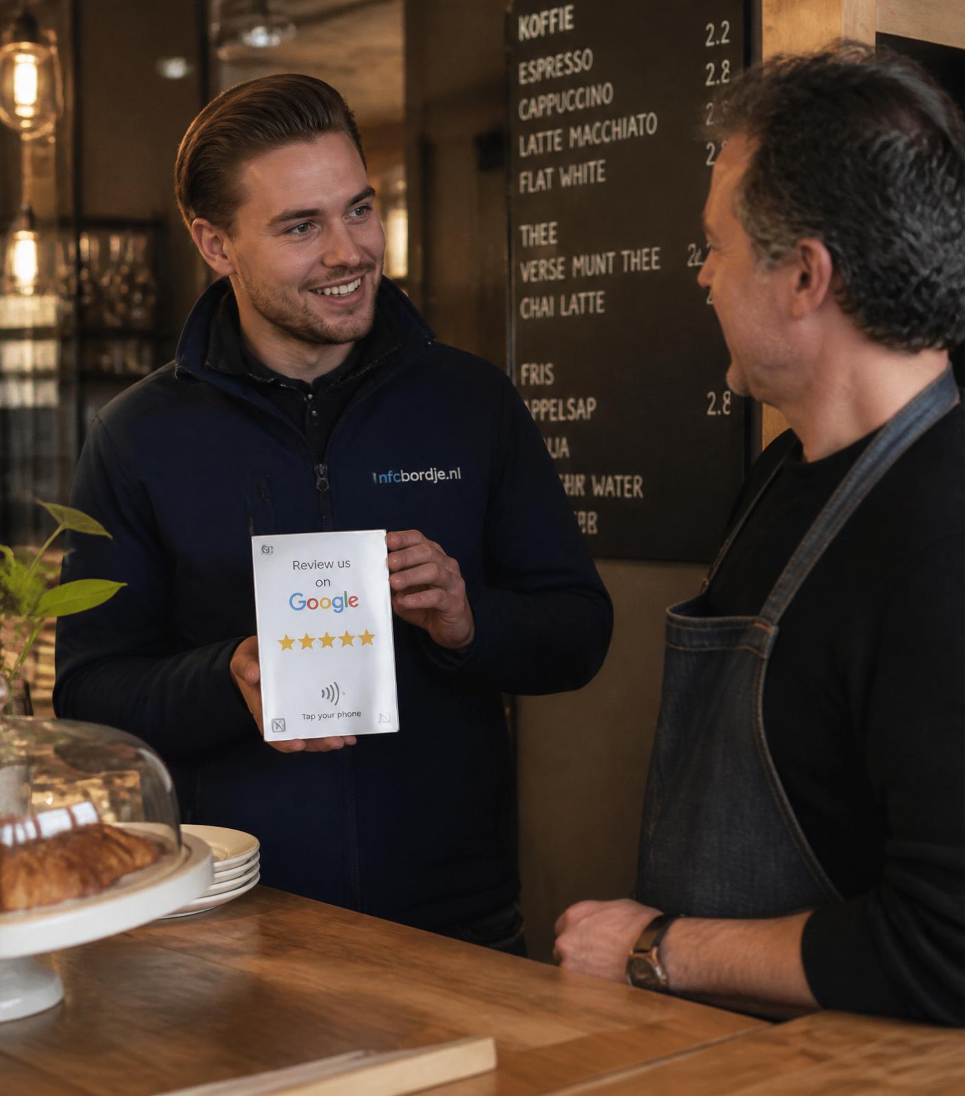 Vertegenwoordiger van nfcbordje.nl demonstreert een NFC-reviewbordje aan een lokale ondernemer in een koffiebar
