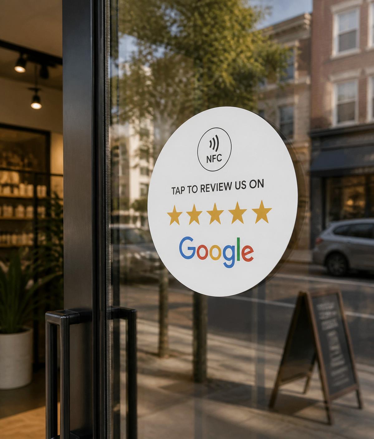 Ronde NFC-reviewsticker op een winkelraam